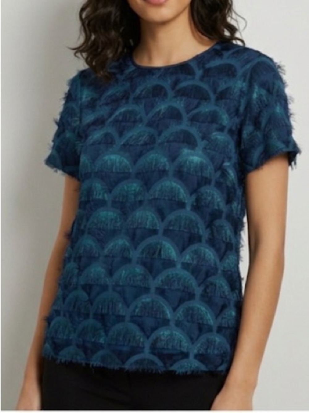 Long Tall Sally Peacock Shimmer Fringe Blouse Size 8 Teal Blue Art Deco Pattern